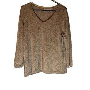 Chico's Tee Shirt L (2) Beige Silky V-Neck Long Sleeve Normcore Minimalist Top